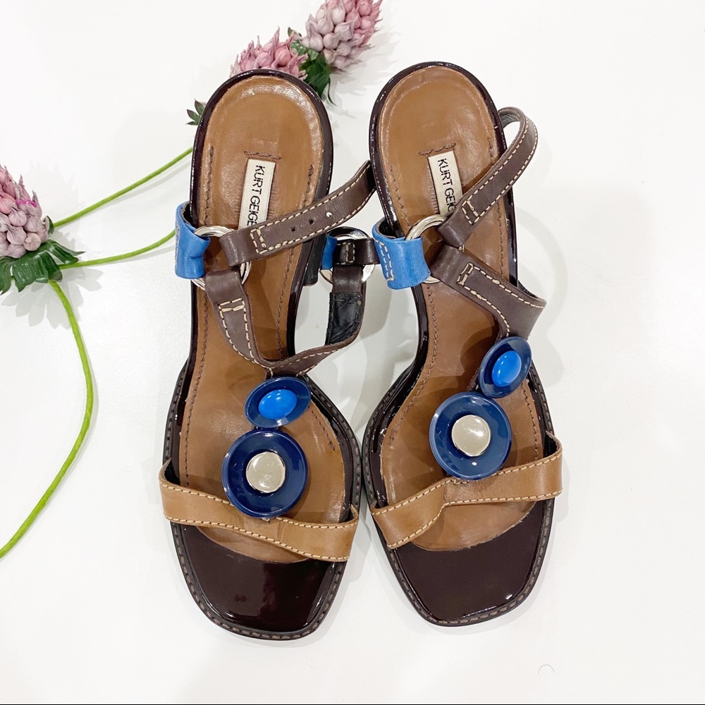 KURT GEIGER Brown & Blue Leather Open-Toe High Heel Sandals Size 39 - Picture 2 of 6